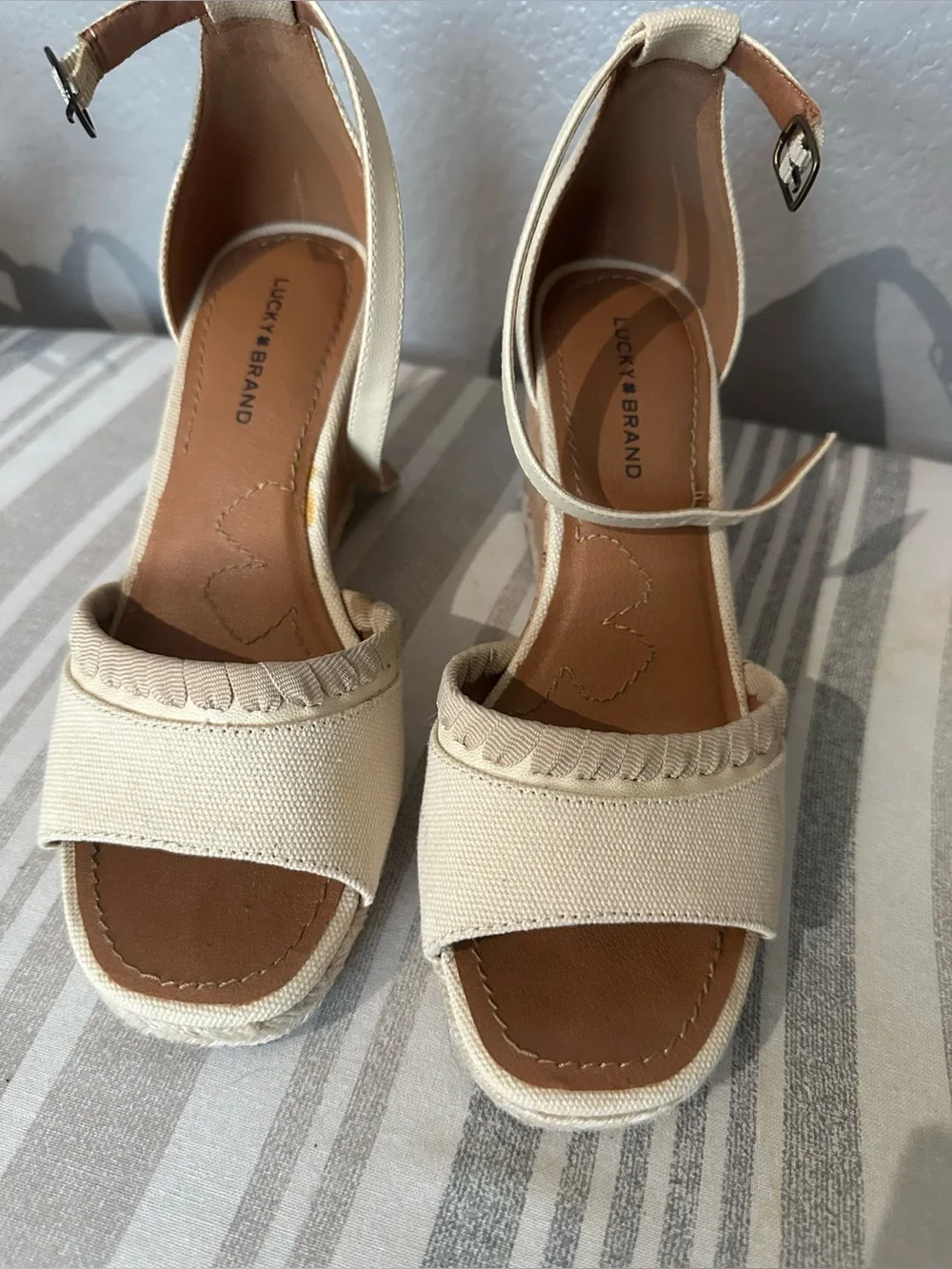 Lucky Brand Cream Canvas Cork Wedge Sandals
